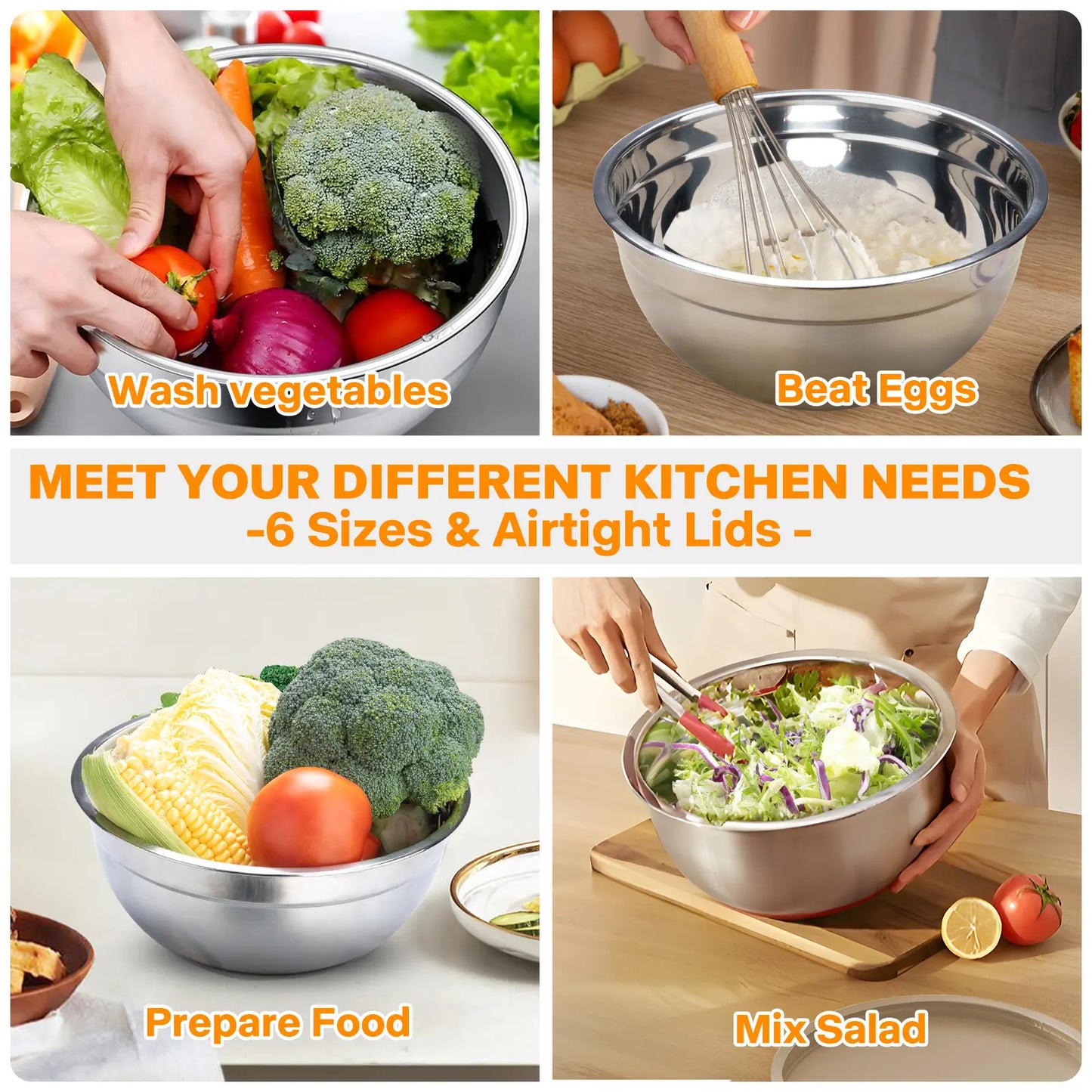 Mixing Bowl Set, 6 PCS Stainless Steel Mixing Bowls with 3 Grinder Attachments