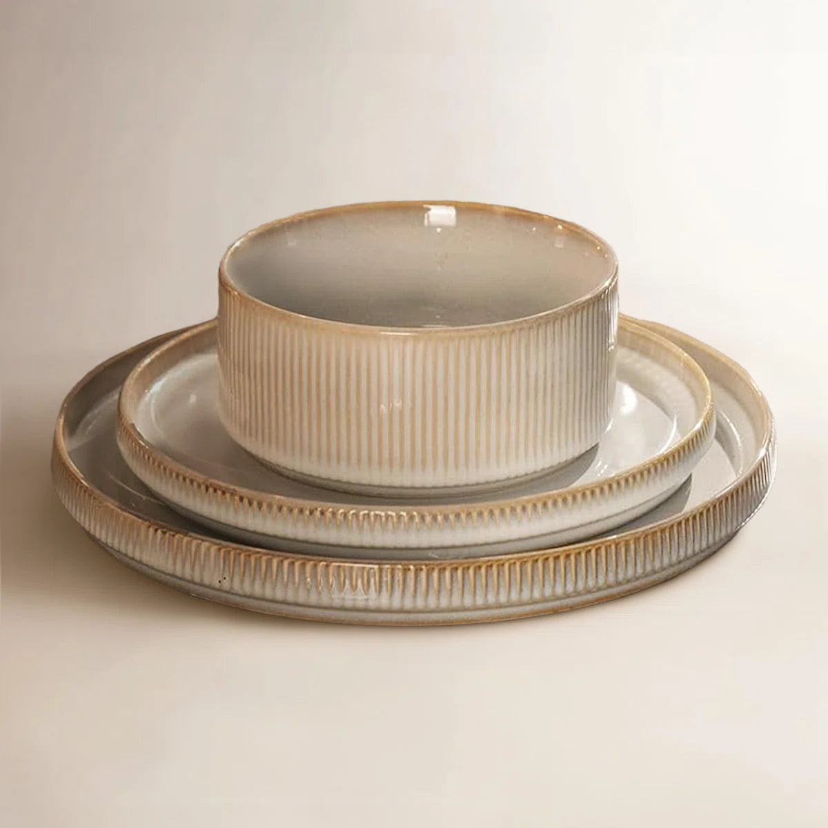 12 Piece Stoneware Dinnerware Sets, Plates and Bowls Set For 4, Double Reactive Glaze Dishwasher Safe and Microwave Safe