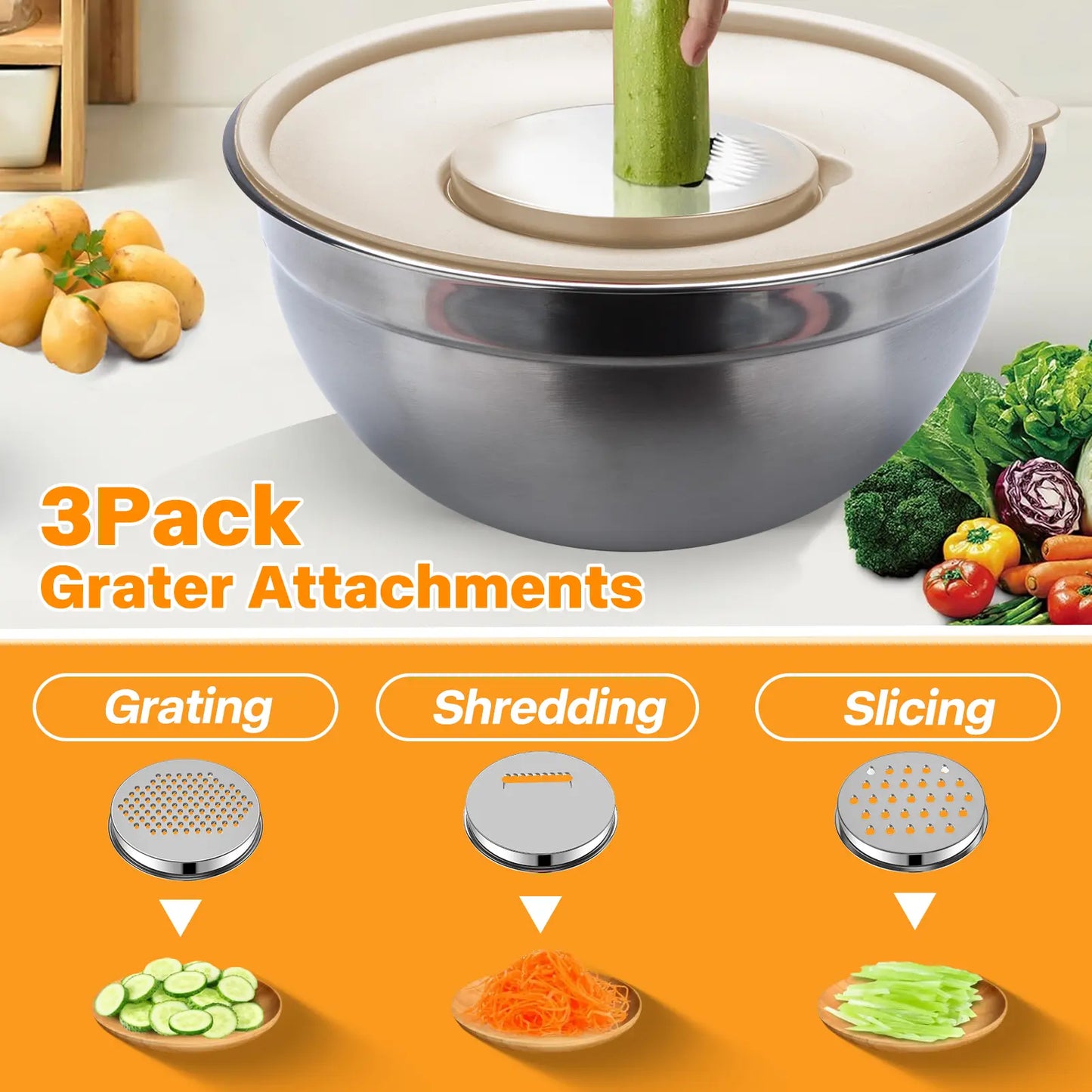 Mixing Bowl Set, 6 PCS Stainless Steel Mixing Bowls with 3 Grinder Attachments