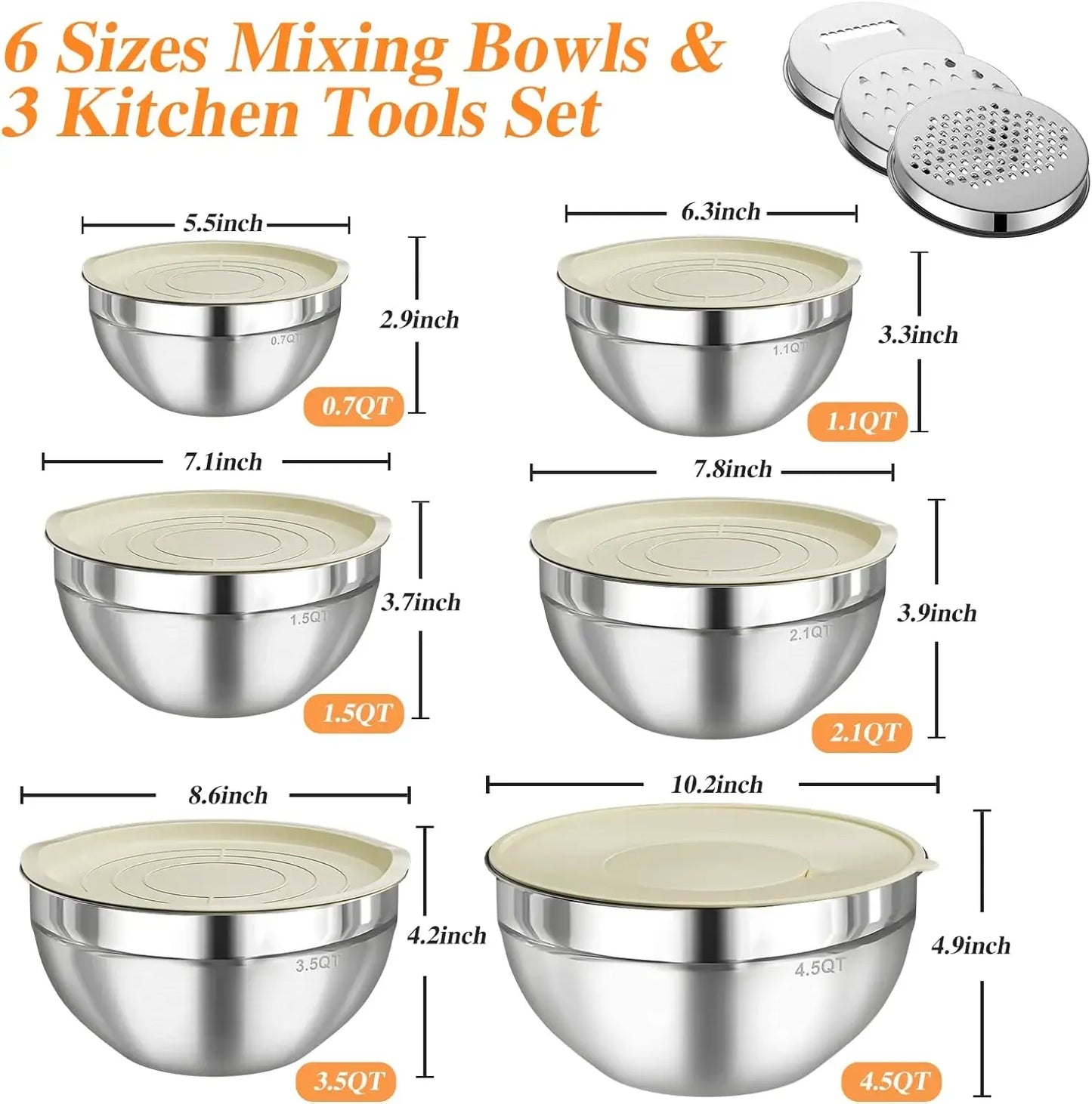 Mixing Bowl Set, 6 PCS Stainless Steel Mixing Bowls with 3 Grinder Attachments
