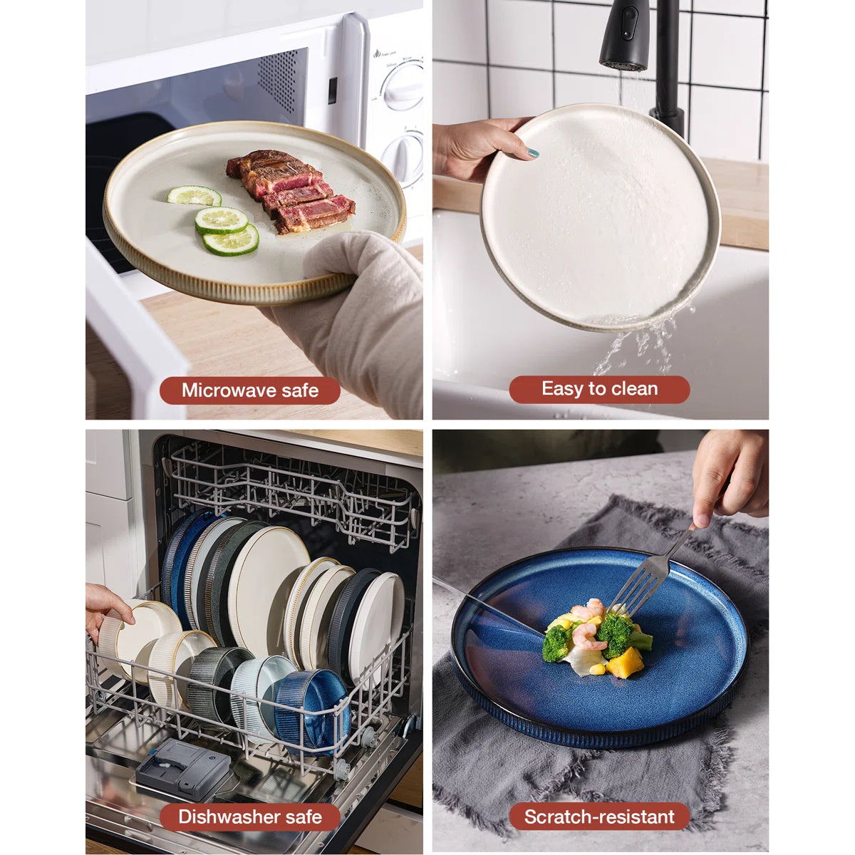 12 Piece Stoneware Dinnerware Sets, Plates and Bowls Set For 4, Double Reactive Glaze Dishwasher Safe and Microwave Safe