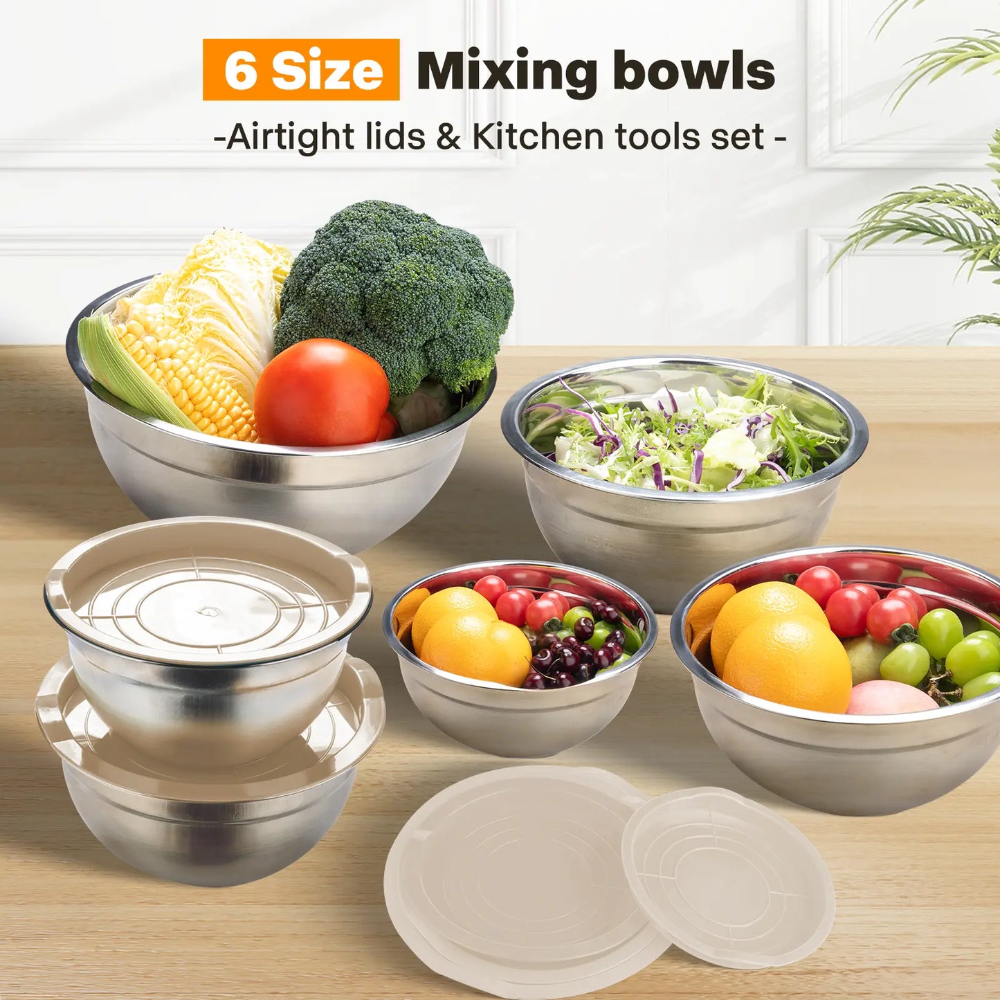 Mixing Bowl Set, 6 PCS Stainless Steel Mixing Bowls with 3 Grinder Attachments