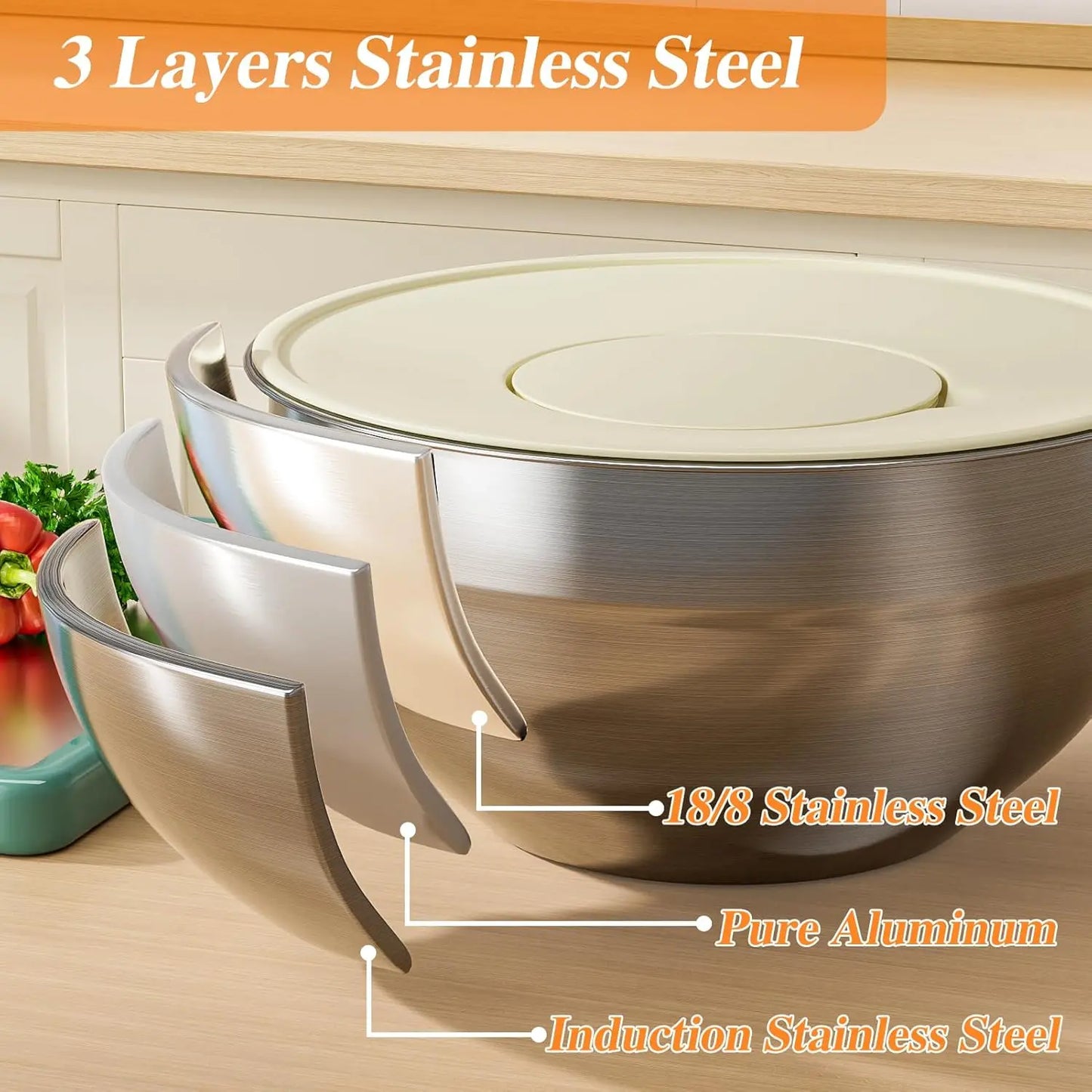 Mixing Bowl Set, 6 PCS Stainless Steel Mixing Bowls with 3 Grinder Attachments